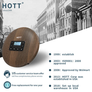 HOTT CD611 Portable CD Player for Home Travel and car with Stereo Headphones, Anti-Shock ,Wood Grain